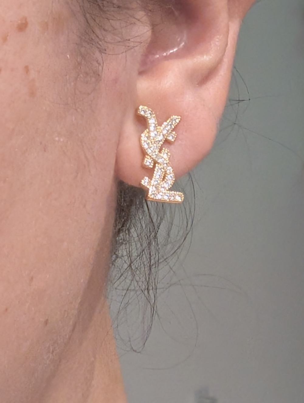 Yves Saint Laurent Crystal-Embellished Gold YSL Logo Stud Earrings - Picture 10 of 12